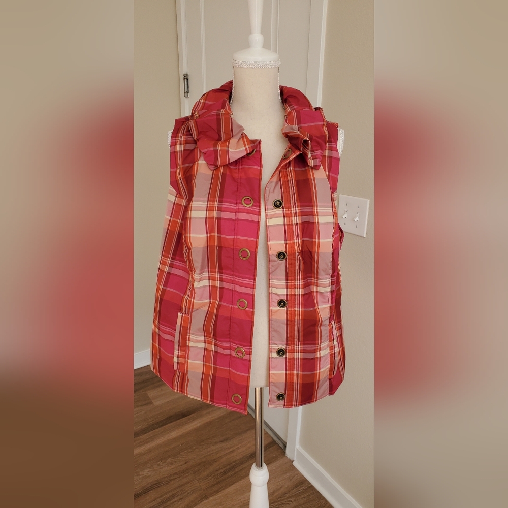 CJ Banks Pink Plaid Snap Up Ruffle Collar Vest Size XL
